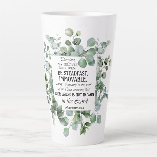 1 Korintiërs 15:58 Inspirerend verzen Eucalyptus Latte Mok (Voorkant)