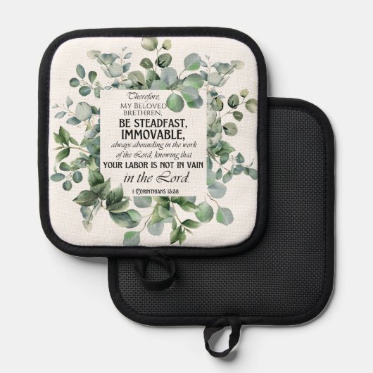 1 Korintiërs 15:58 Inspirerend verzen Eucalyptus Pannenlap (Voorkant / Achterkant)