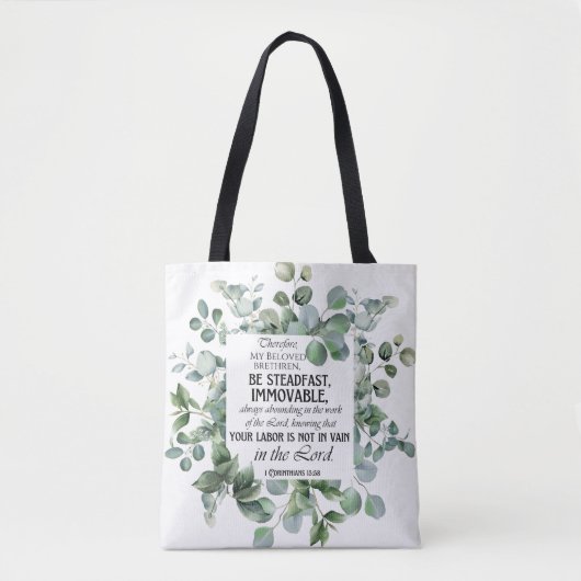 1 Korintiërs 15:58 Inspirerend verzen Eucalyptus Tote Bag (Voorkant)