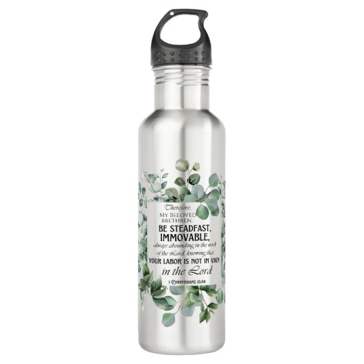 1 Korintiërs 15:58 Inspirerend verzen Eucalyptus Waterfles (Voorkant)