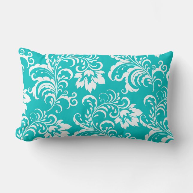 1 Kussen Teal Blauw Wit Damast Bloem (Voorkant)