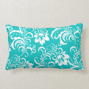 1 Kussen Teal Blauw Wit Damast Bloem