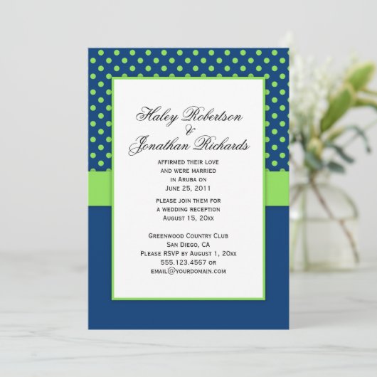 #1 Marine Blauw en Lime Groene Polka Dots Trouwen Kaart (Staand voorkant)