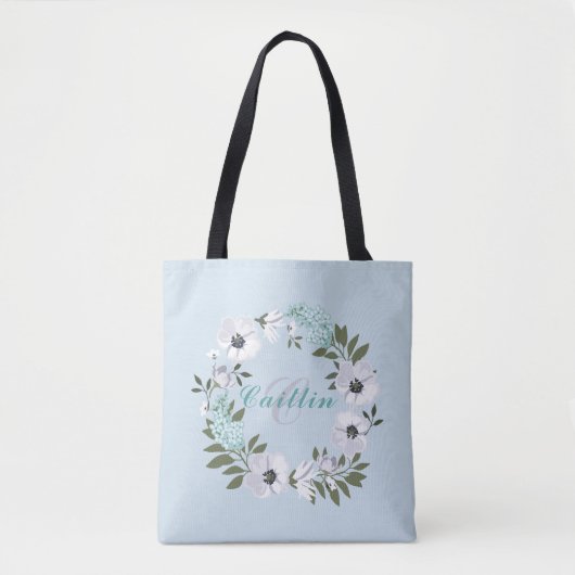 1-monogram zwart, wit & Blauwgroen bloemontwerp Tote Bag (Voorkant)
