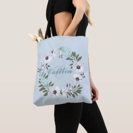 1-monogram zwart, wit & Blauwgroen bloemontwerp Tote Bag