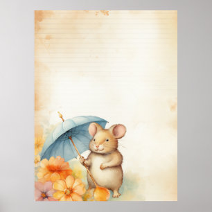 1 Muis met blauwe paraplu sinaasappel roze bloemet Poster