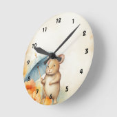 1 Muis met blauwe paraplu sinaasappel roze bloemet Ronde Klok (Hoek)