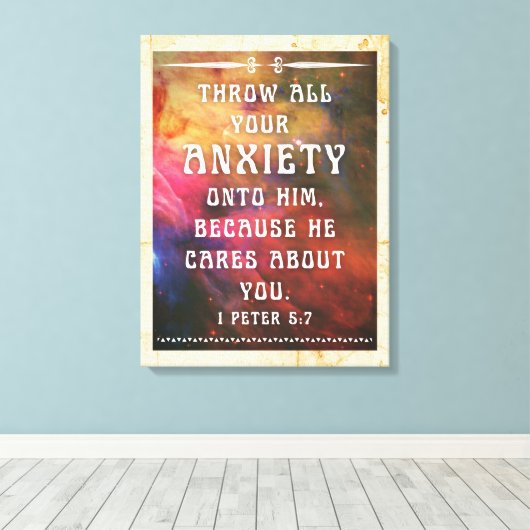 1 Peter 5:7 canvas print (Insitu (Houten vloer))