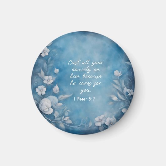 1 Peter 5:7 “Cast All Your Anxiety” Blue Floral Magneet (Voorkant)