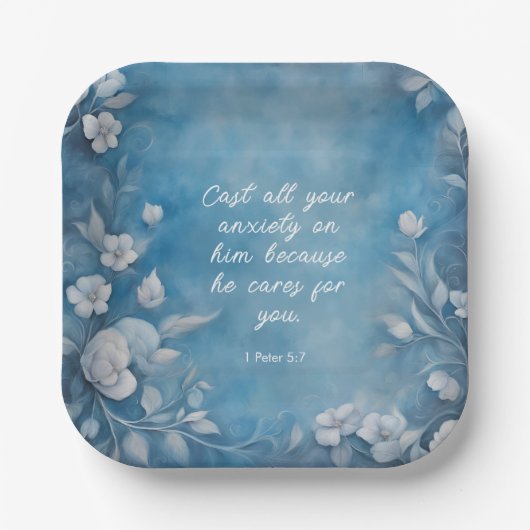 1 Peter 5:7 “Cast All Your Anxiety” Blue Floral Papieren Bordje (Voorkant)