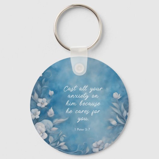 1 Peter 5:7 “Cast All Your Anxiety” Blue Floral Sleutelhanger (Voorkant)