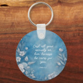 1 Peter 5:7 “Cast All Your Anxiety” Blue Floral Sleutelhanger (Achterkant)