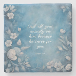 1 Peter 5:7 “Cast All Your Anxiety” Blue Floral Stenen Onderzetter