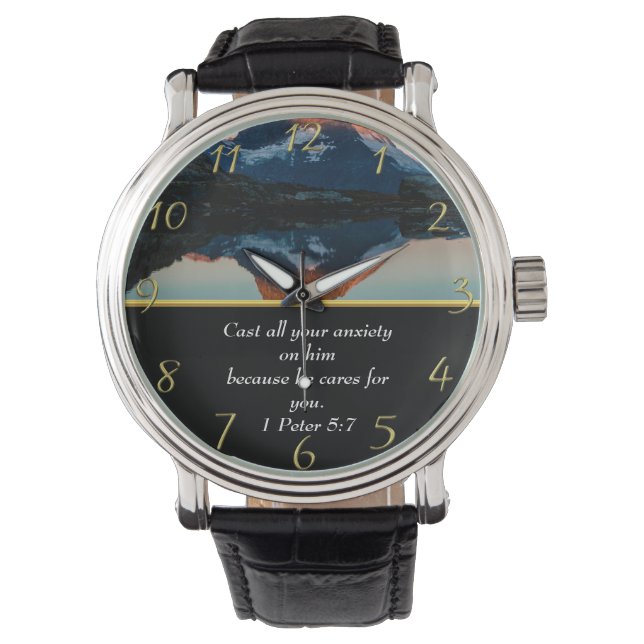 1 Peter 5:7 Christelijk Faith moutain-meer Horloge (Voorkant)