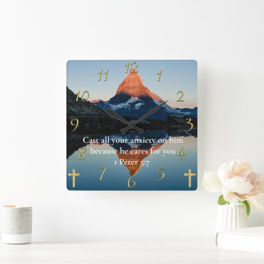 1 Peter 5:7 Christelijk Faith moutain-meer Vierkante Klok (Huis)