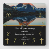 1 Peter 5:7 Christelijk Faith moutain-meer Vierkante Klok (Voorkant)