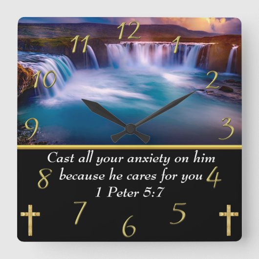 1 Peter 5:7 Christelijke Faith waterval Vierkante Klok (Voorkant)
