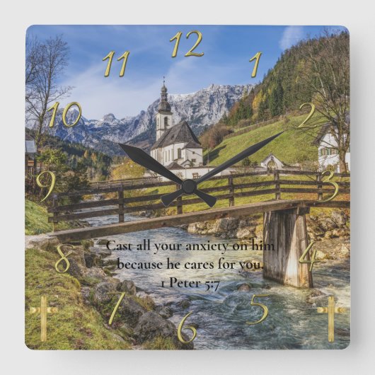 1 Peter 5:7 kerk nabij de berg met rivier Vierkante Klok (Voorkant)