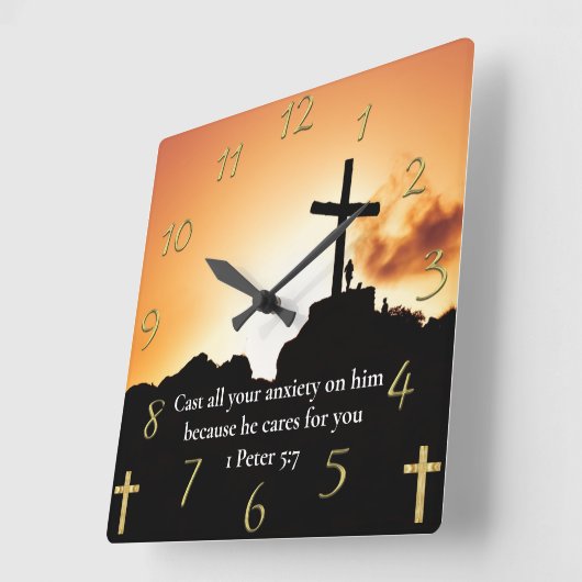 1 Peter 5:7 kruis op een berg Vierkante Klok (Hoek)