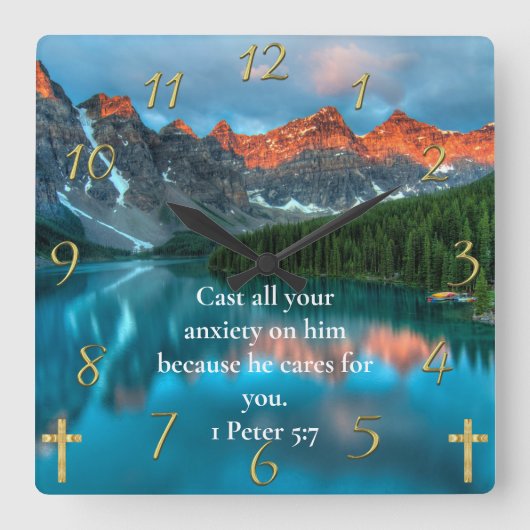 1 Peter 5:7 prachtige uitzicht van het meer Vierkante Klok (Voorkant)