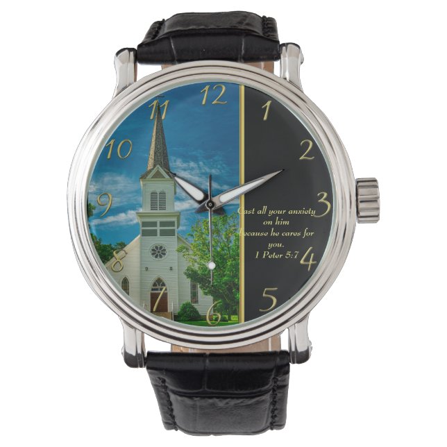 1 Peter 5:7 White Church Horloge (Voorkant)
