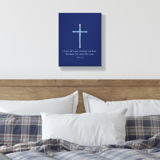 1 Petrus 5:7 Minimalistisch kruis Canvas Afdruk (Insitu (Slaapkamer))