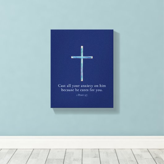 1 Petrus 5:7 Minimalistisch kruis Canvas Afdruk (Insitu (Houten vloer))