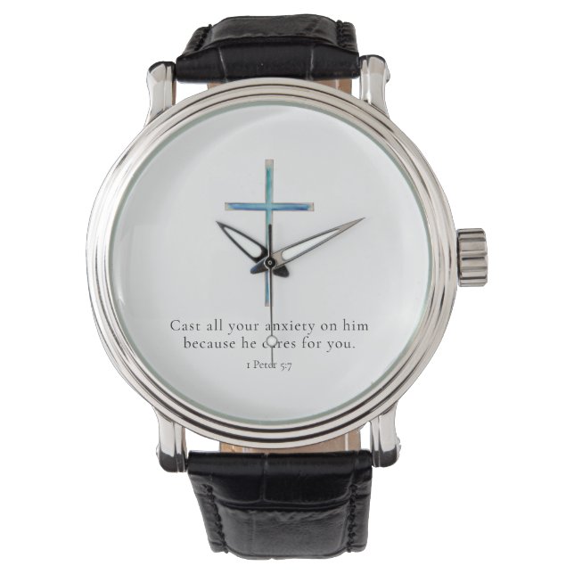 1 Petrus 5:7 Minimalistisch kruis Horloge (Voorkant)