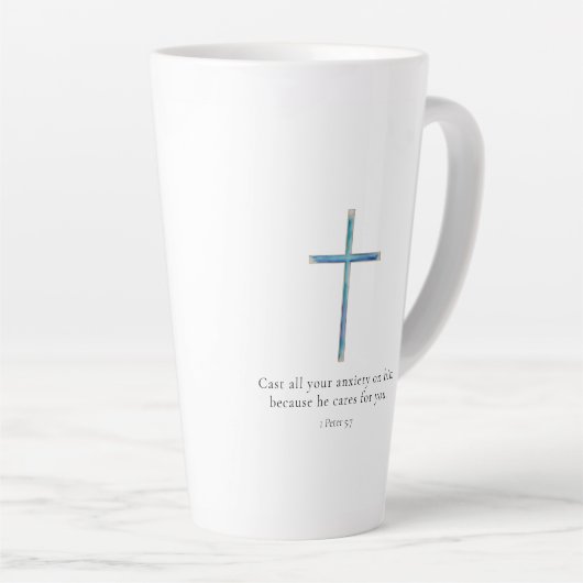 1 Petrus 5:7 Minimalistisch kruis Latte Mok (Rechterhoek)