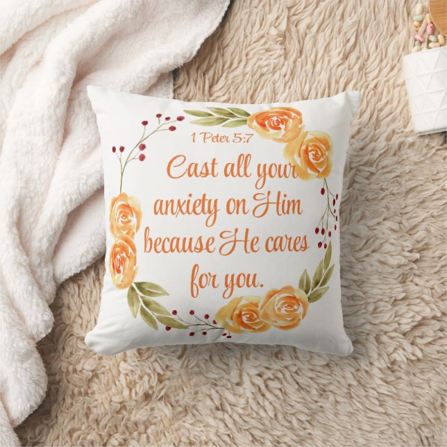1 Petrus 5:7 Oranje Bloemgeschriften Kussen (Deken)
