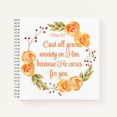 1 Petrus 5:7 Oranje Bloemgeschriften Notitieboek (Voorkant)