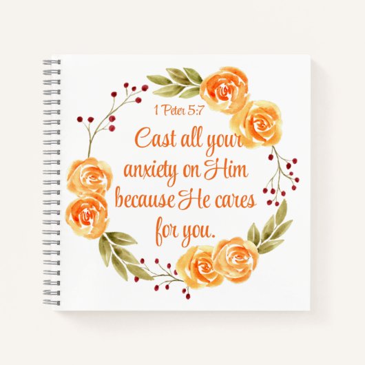 1 Petrus 5:7 Oranje Bloemgeschriften Notitieboek (Voorkant)