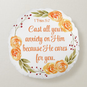 1 Petrus 5:7 Oranje Bloemgeschriften Rond Kussen