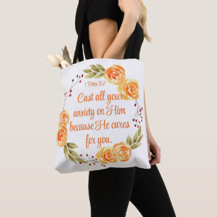 1 Petrus 5:7 Oranje Bloemgeschriften Tote Bag