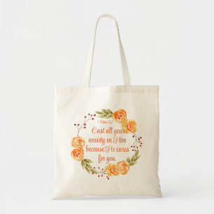 1 Petrus 5:7 Oranje Bloemgeschriften Tote Bag
