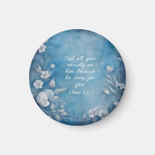 1 Petrus 5:7 “Werp Al Uw Zorgen” Blauwe Bloem Magneet (Voorkant)