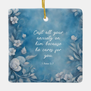 1 Petrus 5:7 “Werp Al Uw Zorgen” Blauwe Bloemen Keramisch Ornament