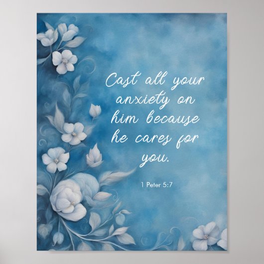 1 Petrus 5:7 “Werp Al Uw Zorgen” Blauwe Bloemen Poster (Voorkant)