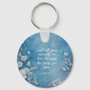 1 Petrus 5:7 “Werp Al Uw Zorgen” Blauwe Bloemen Sleutelhanger