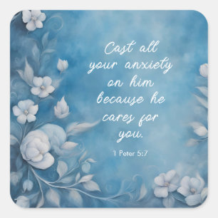 1 Petrus 5:7 “Werp Al Uw Zorgen” Blauwe Bloemen Vierkante Sticker