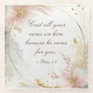 1 Petrus 5:7 Werp al uw zorgen op Hem, Bijbelvers Glazen Onderzetter