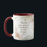 1 Petrus 5:7 Werp al uw zorgen op Hem, Bijbelvers Mok<br><div class="desc">Koffie mok met Christelijke inspirerend citaat schriftuur toont een elegante bloemige waterverf met een eenvoudige gouden lijst en sierlijke blozen roze bloemen en groen. Het bevat een bemoedigend Bijbelvers uit 1 Petrus 5:7: "Werp al uw zorgen op hem,  omdat hij voor u zorgt."</div>