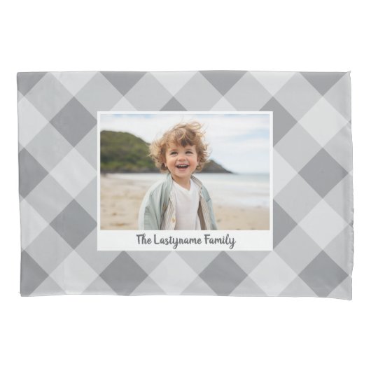 1 Photo Collage Familienaam - Buffalo Check Grijs Kussensloop (Voorkant)