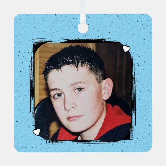 1 photo custom text keepsake blue metalen ornament (Voorkant)