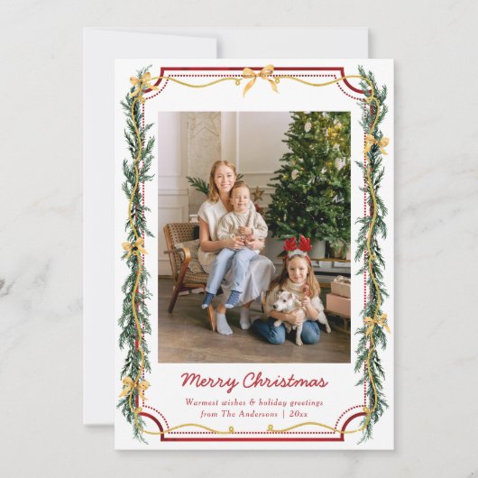 1 Photo Cute Botanical Christmas Foliage Gold Bows Feestdagenkaart (Voorkant)