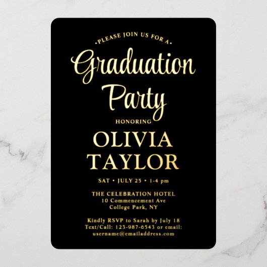 1 Photo Graduation Party Elegant Script Zwart en Folie Uitnodiging (Voorkant)