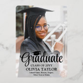 1 Photo Graduation Party Elegant Script Zwart en Folie Uitnodiging (Achterkant)