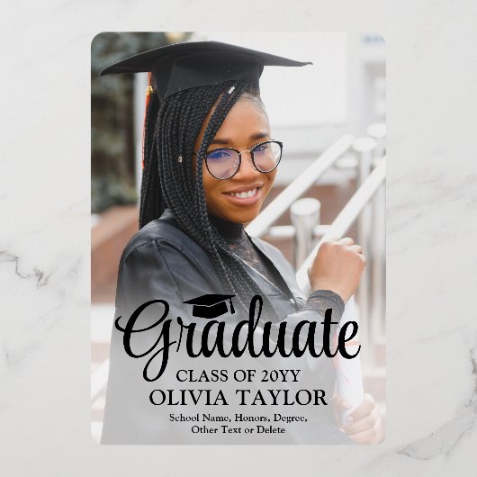 1 Photo Graduation Party Elegant Script Zwart en Folie Uitnodiging (Achterkant)