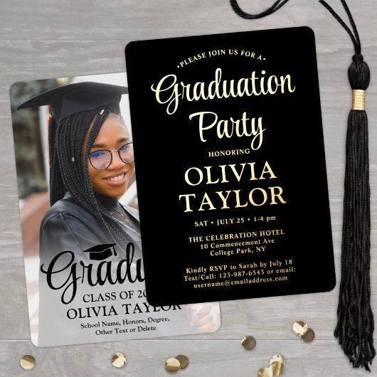 1 Photo Graduation Party Elegant Script Zwart en Folie Uitnodiging