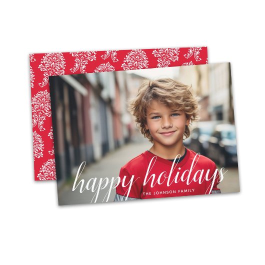 1 Photo-kerstscript White Damask Happy Feestdagenkaart